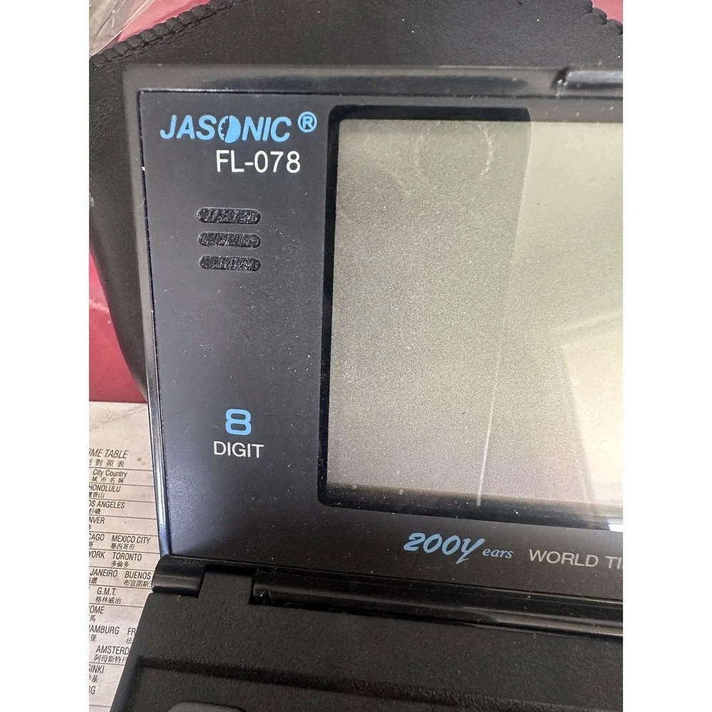 VTG Jasonic FL-078 World Time Calendar Calculator Pocket 8 Digit Black with Case